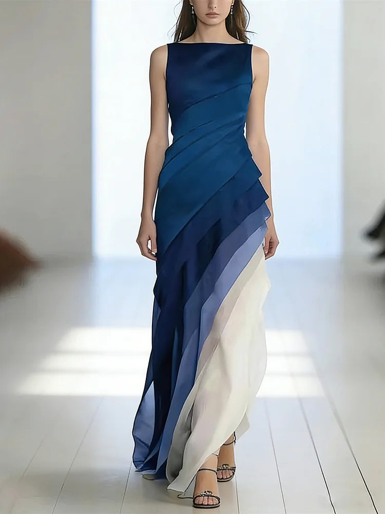 Robe Longue Sans Manches en Tulle Patchwork Taille Haute Jupe Éthérée Soirée Formelle Mariage Gala Événement – Bleu Marine et Noir