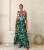 Ensemble Maillot de Bain Une Pièce Col V Lacets Imprimé Floral Vert Jupe Longue Resort Plage Soirée Lune de Miel Vacances – Émeraude