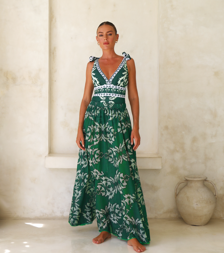 Ensemble Maillot de Bain Une Pièce Col V Lacets Imprimé Floral Vert Jupe Longue Resort Plage Soirée Lune de Miel Vacances – Émeraude