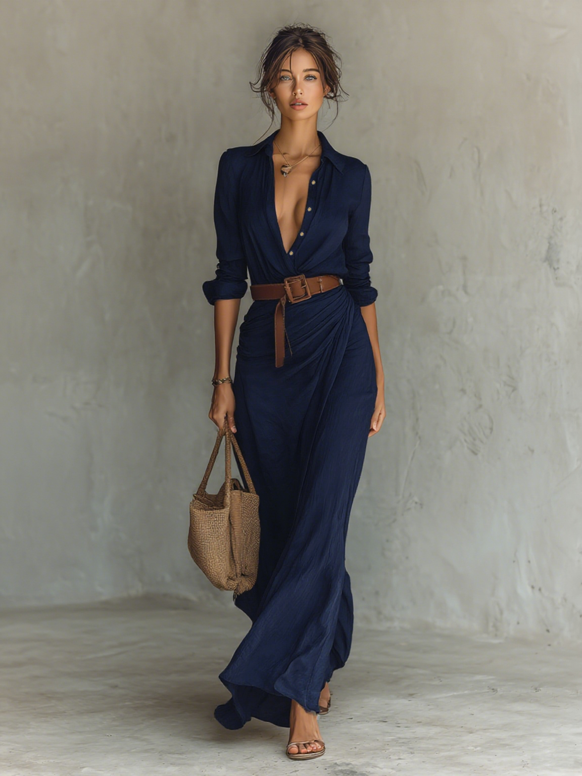 Robe Longue Élégante de Cowgirl pour Femme avec Col à Revers, Boutonnage Simple, Ceinture à la Taille, Manches Longues, Décontractée – Camel