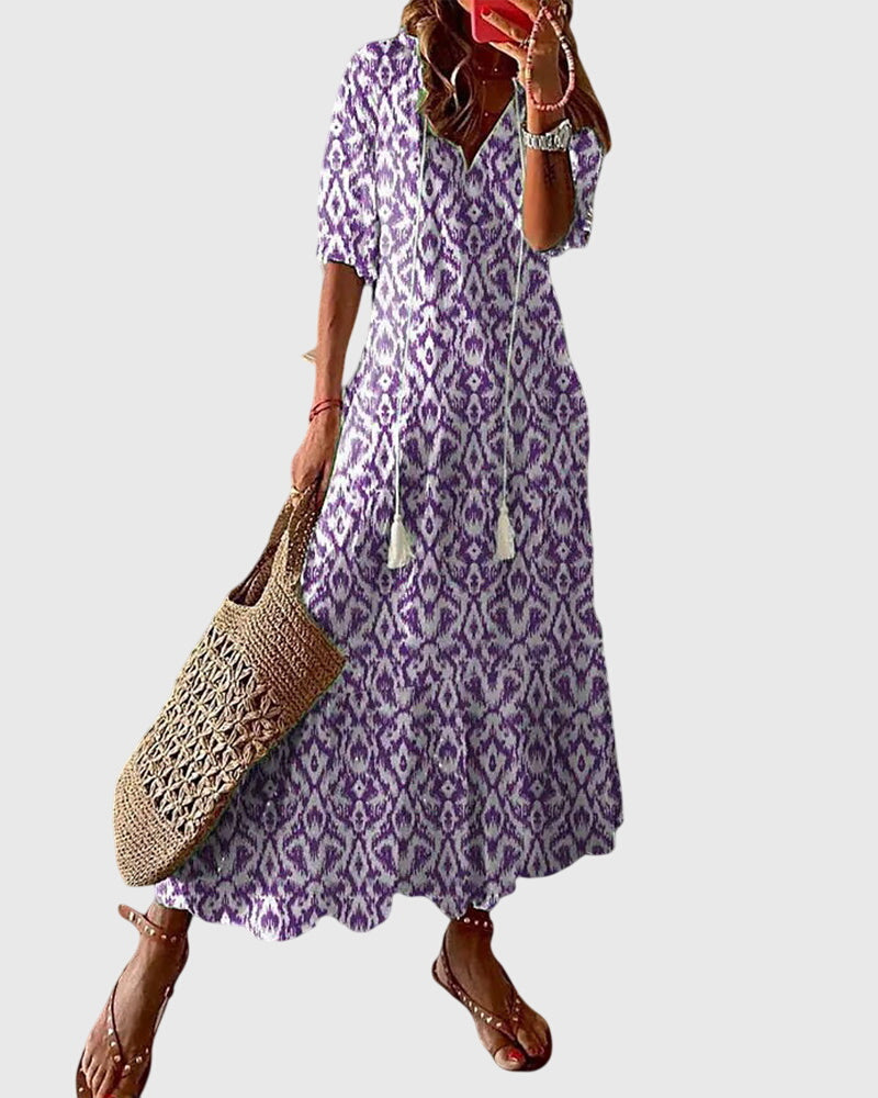 Robe Midi d'Été Vintage Boho pour Femmes Imprimé Floral à Manches Courtes Décontractée Féminine Chic – Amalia