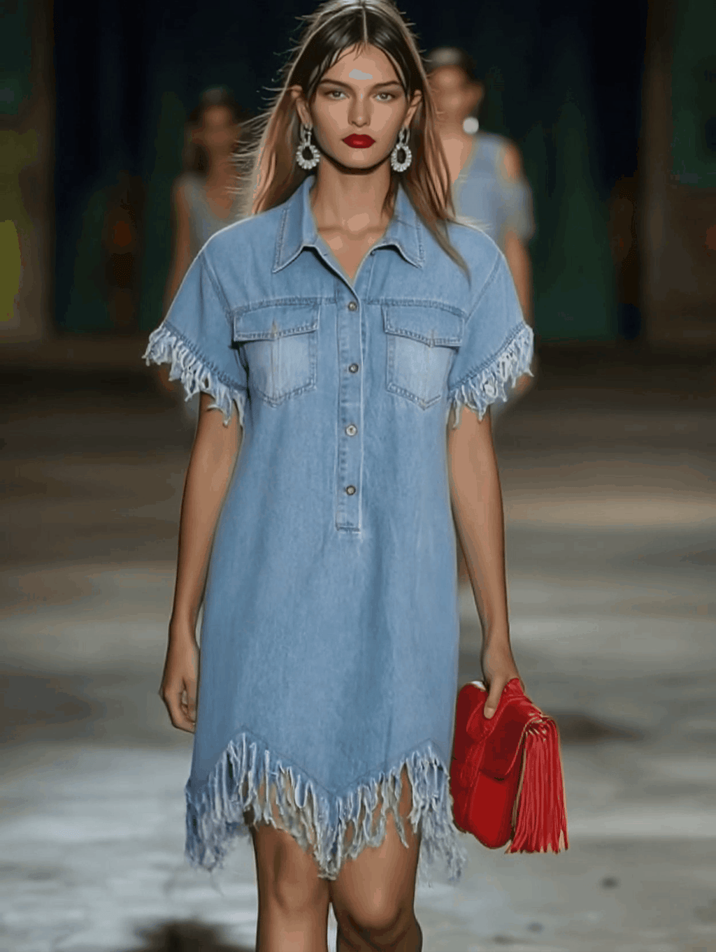 Robe Mini Chemise en Jean Vintage pour Femmes à Manches Courtes avec Franges à Franges, Décontractée, d'Été, Quotidienne, de Plage – Bleu Clair, Coupe Lâche