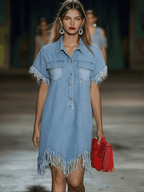 Robe Mini Chemise en Jean Vintage pour Femmes à Manches Courtes avec Franges à Franges, Décontractée, d'Été, Quotidienne, de Plage – Bleu Clair, Coupe Lâche