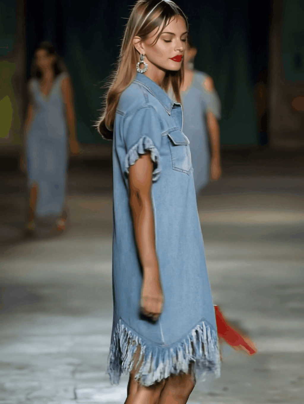 Robe Mini Chemise en Jean Vintage pour Femmes à Manches Courtes avec Franges à Franges, Décontractée, d'Été, Quotidienne, de Plage – Bleu Clair, Coupe Lâche