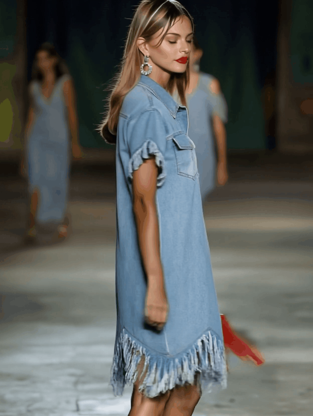 Robe Mini Chemise en Jean Vintage pour Femmes à Manches Courtes avec Franges à Franges, Décontractée, d'Été, Quotidienne, de Plage – Bleu Clair, Coupe Lâche
