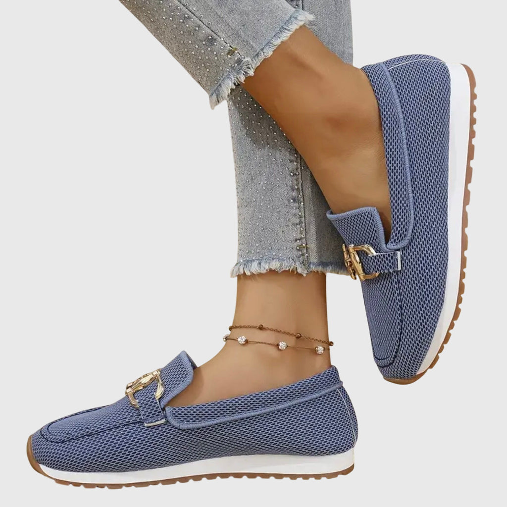 Atmungsaktive orthopädische Mokassins für Damen, zweifarbige goldene Details, leichtes Slip-On – Susana