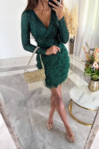 Robe courte à franges en sequins pour femmes à manches longues, décolleté en V, soirée, cocktail, réveillon du Nouvel An, gala d'anniversaire – Rose