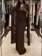 Robe Longue Femme Col Bateau Ajustée Plissée Abdomen Couvert Élégante Soirée Mariage Fête Formelle Cocktail Gala – Bateauline