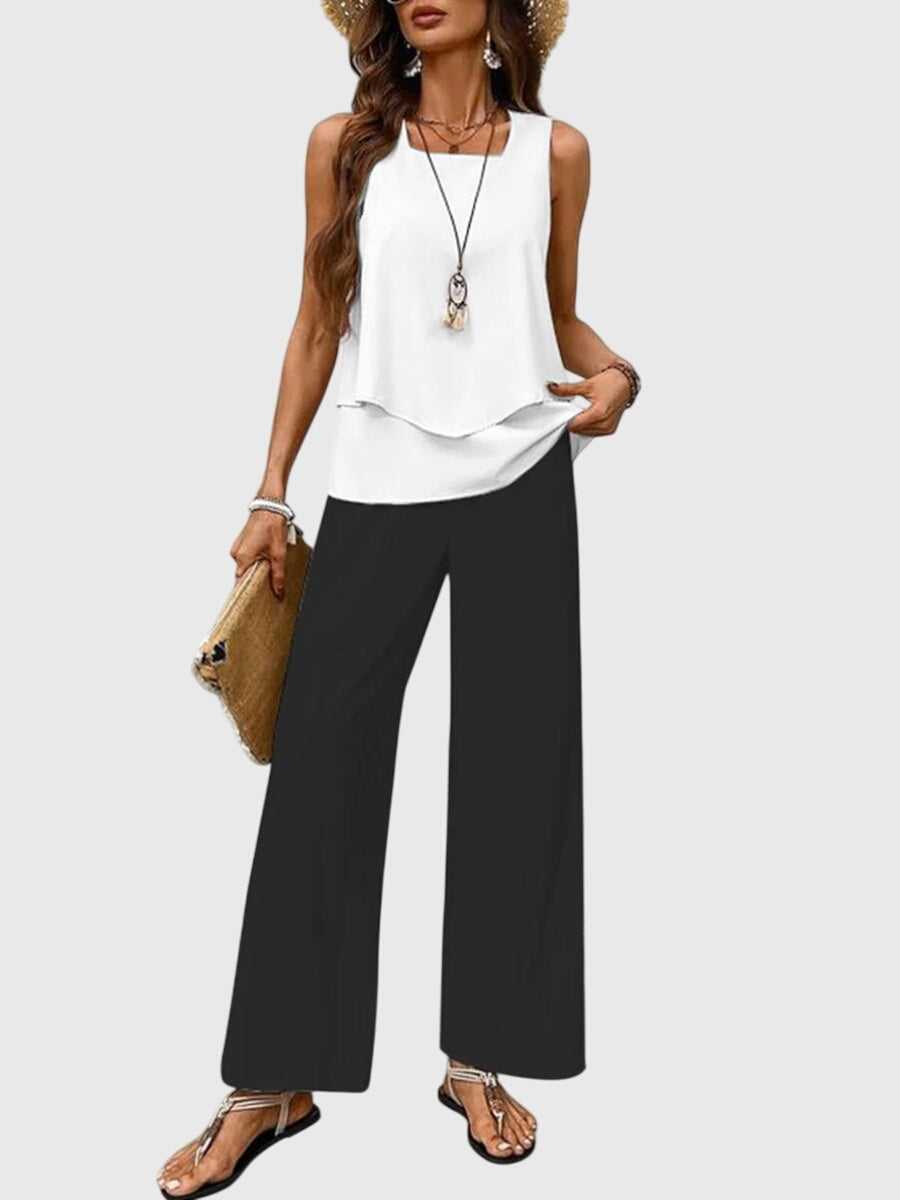 Ensemble d'Été Élégant 2 Pièces pour Femmes Haut à Col Carré Pantalons Amples Imprimé Floral Décontracté Chic – Brenda