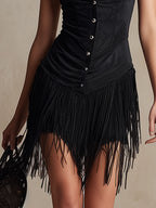 Robe Mini Sans Manches en Suédine Synthétique avec Franges et Tassels Western Rétro pour Femmes – Noir