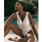 Ensemble Maillot de Bain Une Pièce Col V Découpe Laser Florale Jupe Maxi Blanc Resort Plage Lune de Miel Soirée – Laceline