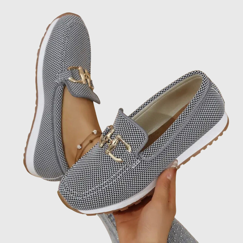 Atmungsaktive orthopädische Mokassins für Damen, zweifarbige goldene Details, leichtes Slip-On – Susana