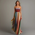Langes Plissiertes Damenkleid mit Schmuckfarben-Streifen, trägerlos, für formelle Hochzeitsgäste und Sommerfeste – Judith