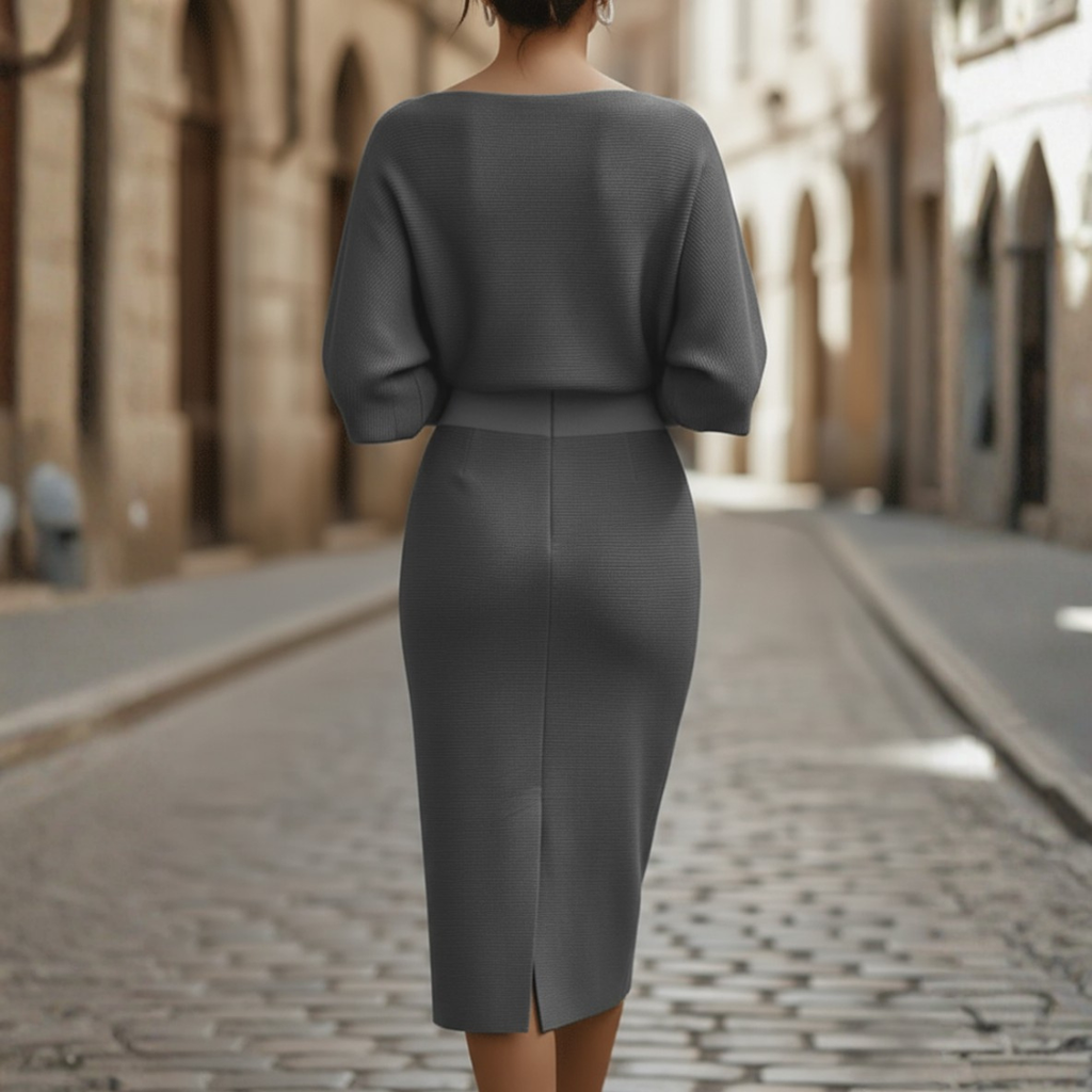 Robe Midi Élégante à Col Bateau pour Femme à Manches Longues – Bureau, Cocktail, Invité de Mariage – Gris Noir Beige Bleu