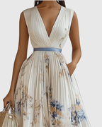 Robe Longue Plissée Florale Élégante pour Femme, Col V, Manches Longues, Taille Ruban, Formelle et Décontractée – Rowella