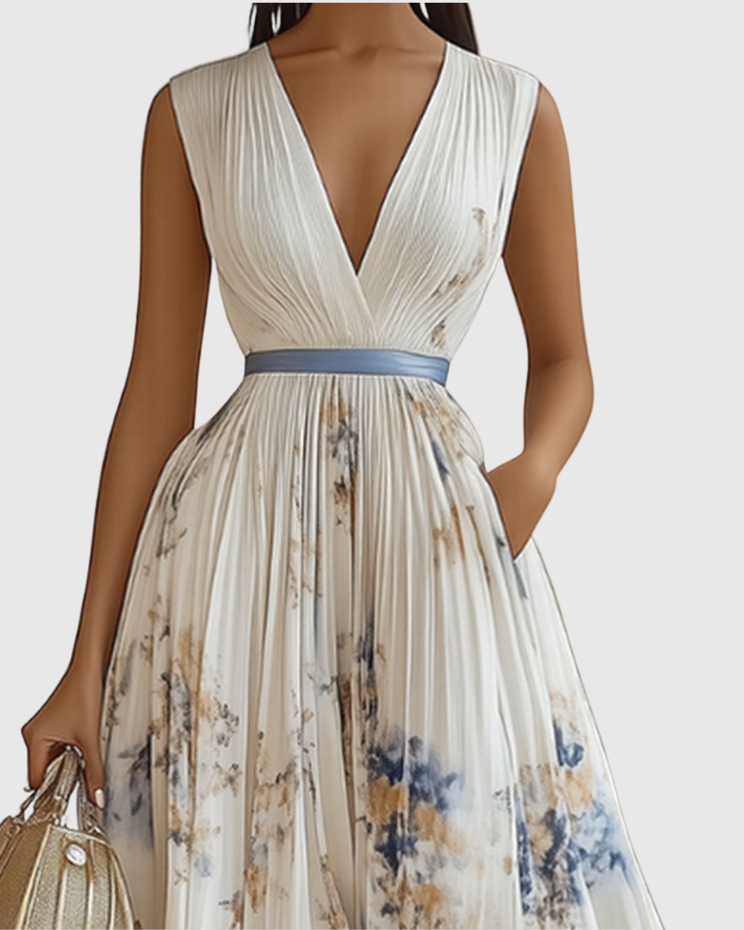 Robe Longue Plissée Florale Élégante pour Femme, Col V, Manches Longues, Taille Ruban, Formelle et Décontractée – Rowella