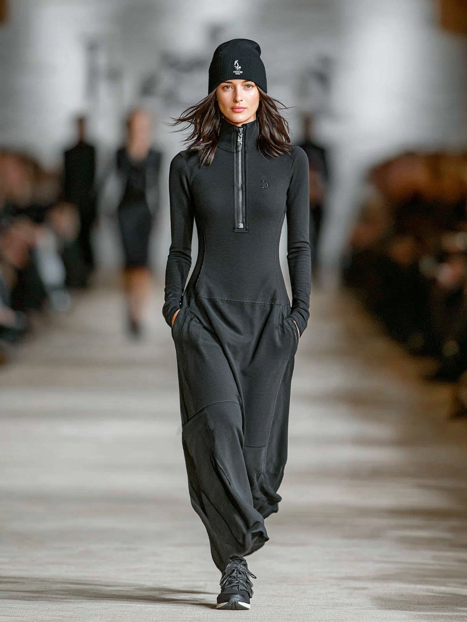 Robe Longue en Mélange de Coton pour Femmes avec Col Mi-Haut et Fermeture Éclair, Coupe Ample, Style Décontracté Athleisure – Noir