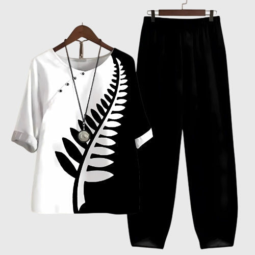 Conjunto casual de mujer de dos piezas con estampado, blusa de manga corta y pantalones anchos cómodos para uso diario – Alessia