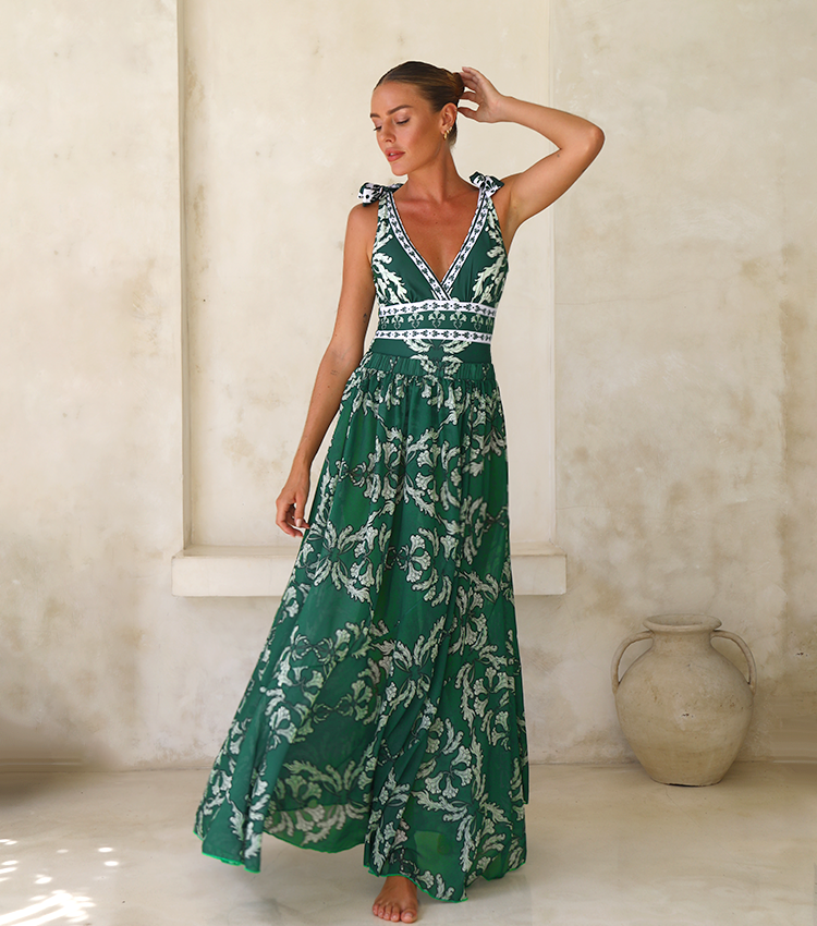 Ensemble Maillot de Bain Une Pièce Col V Lacets Imprimé Floral Vert Jupe Longue Resort Plage Soirée Lune de Miel Vacances – Émeraude