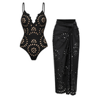 Maillot de Bain Une Pièce à Découpes Florales Au laser Pour Femmes & Ensemble Jupe Longue à Décolleté En V – Noir