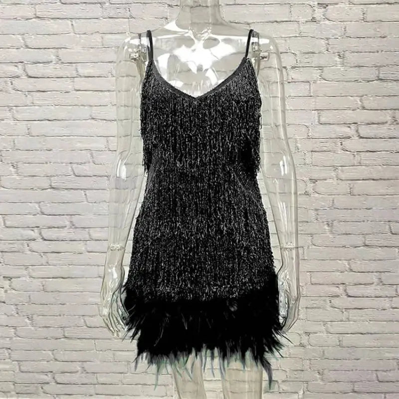 Robe Mini Élégante en Sequins avec Plumes Roses à Bretelles Spaghetti pour Soirée Cocktail