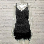 Robe Mini Élégante en Sequins avec Plumes Roses à Bretelles Spaghetti pour Soirée Cocktail
