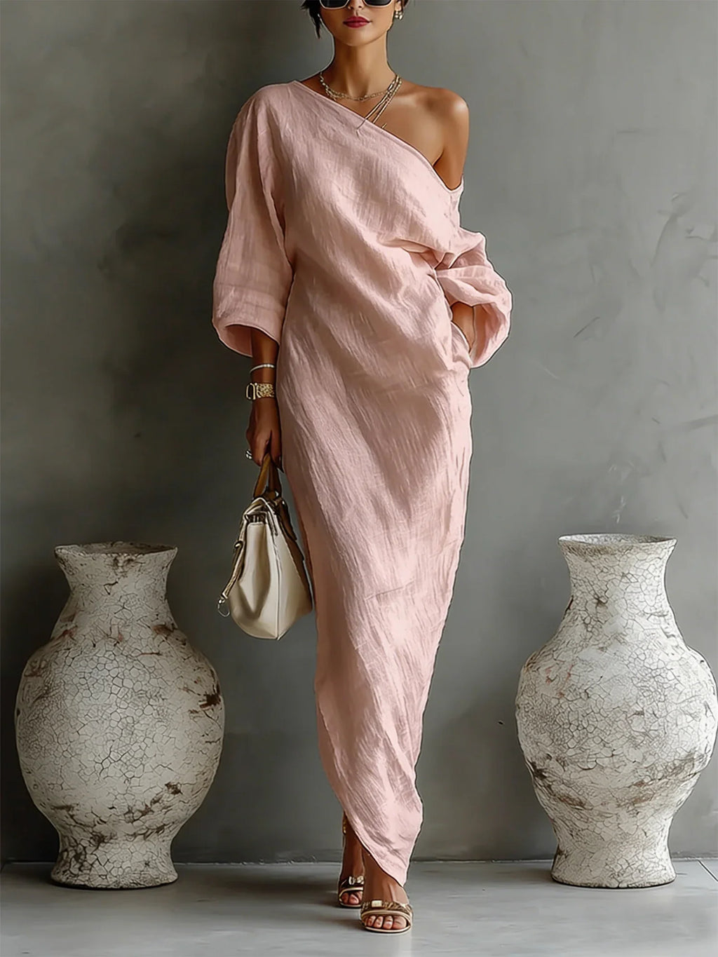 Abito Lungo Lino Cotone Maniche a Palloncino Silhouette Sgualcita Donna Formale Matrimonio Chic Spiaggia Resort Quotidiano Estate – Solène
