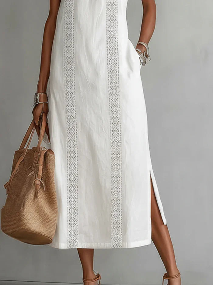 Robe Midi en Lin Minimaliste Rétro Femme Sans Manches Col Haut Détail en Dentelle Décontractée Été Plage Vacances Quotidien – Céleste