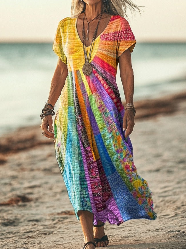 Abito Midi Dress Bohemien Stampa Sole Maniche Lunghe Collo a V Cotone Lino Donna Casual Chic Spiaggia Viaggio Estate – Solara Bohemien