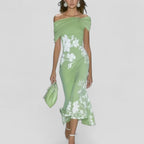Robe Midi Élegante Florale Femme Sans Épaules Décontractée Formelle Invité de Mariage Chic – Isabrunel