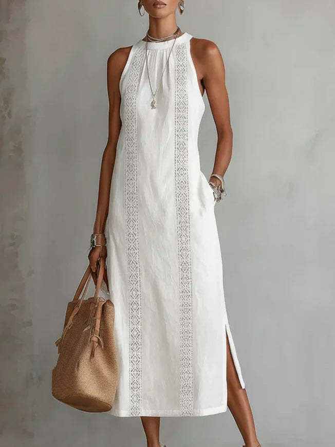 Robe Midi en Lin Minimaliste Rétro Femme Sans Manches Col Haut Détail en Dentelle Décontractée Été Plage Vacances Quotidien – Céleste