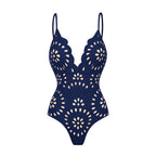 Maillot de bain une pièce en dentelle laser à fleurs creuses pour femmes avec jupe de couverture - Bleu marine