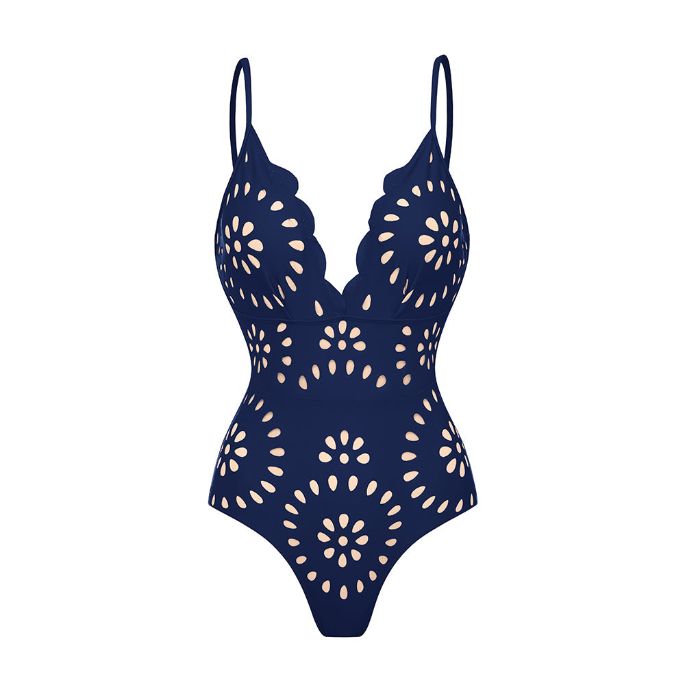 Maillot de bain une pièce en dentelle laser à fleurs creuses pour femmes avec jupe de couverture - Bleu marine