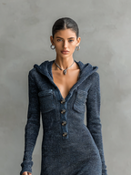 Robe Longue Casual Tricotée à Capuche Slim-Fit pour Femmes à Manches Longues – Marine