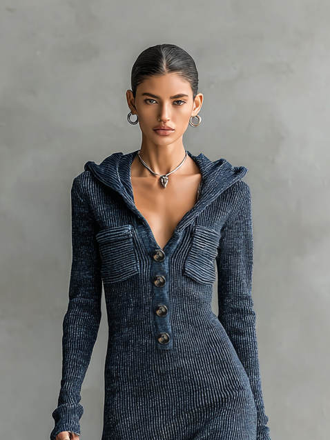 Robe Longue Casual Tricotée à Capuche Slim-Fit pour Femmes à Manches Longues – Marine