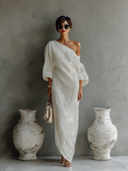 Abito lungo elegante monospalla da donna in cotone lino fluido per serate formali e invitate a matrimoni – Bianco avorio