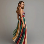 Langes Plissiertes Damenkleid mit Schmuckfarben-Streifen, trägerlos, für formelle Hochzeitsgäste und Sommerfeste – Judith