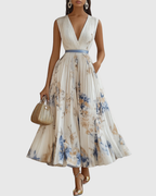 Robe Longue Plissée Florale Élégante pour Femme, Col V, Manches Longues, Taille Ruban, Formelle et Décontractée – Rowella