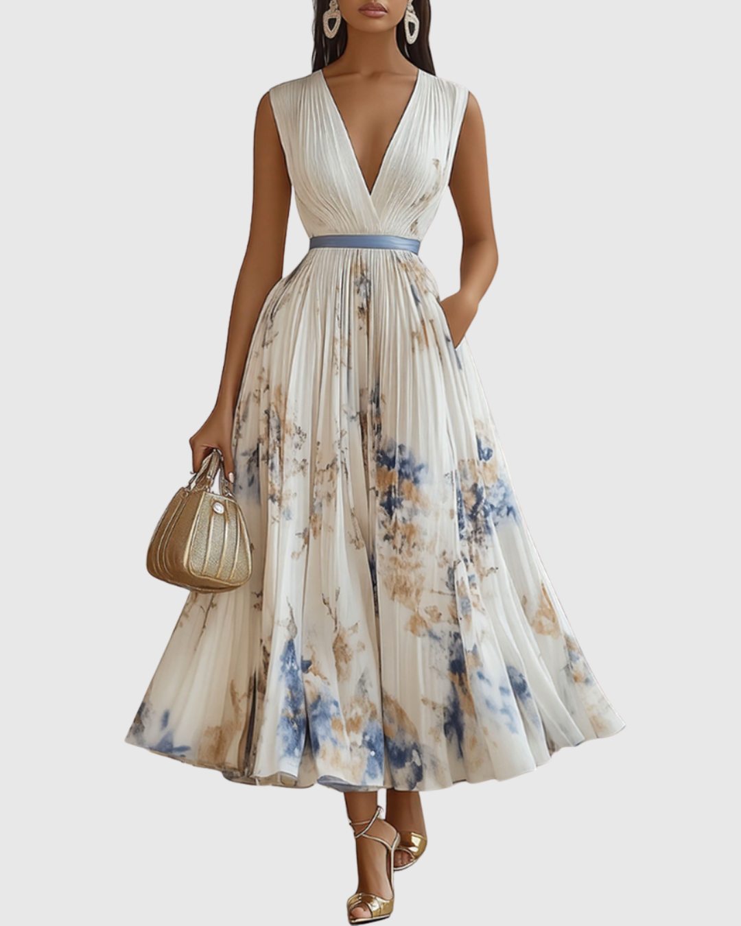 Robe Longue Plissée Florale Élégante pour Femme, Col V, Manches Longues, Taille Ruban, Formelle et Décontractée – Rowella