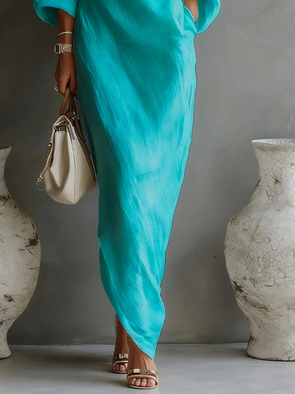 Abito Lungo Lino Cotone Maniche a Palloncino Silhouette Sgualcita Donna Formale Matrimonio Chic Spiaggia Resort Quotidiano Estate – Solène