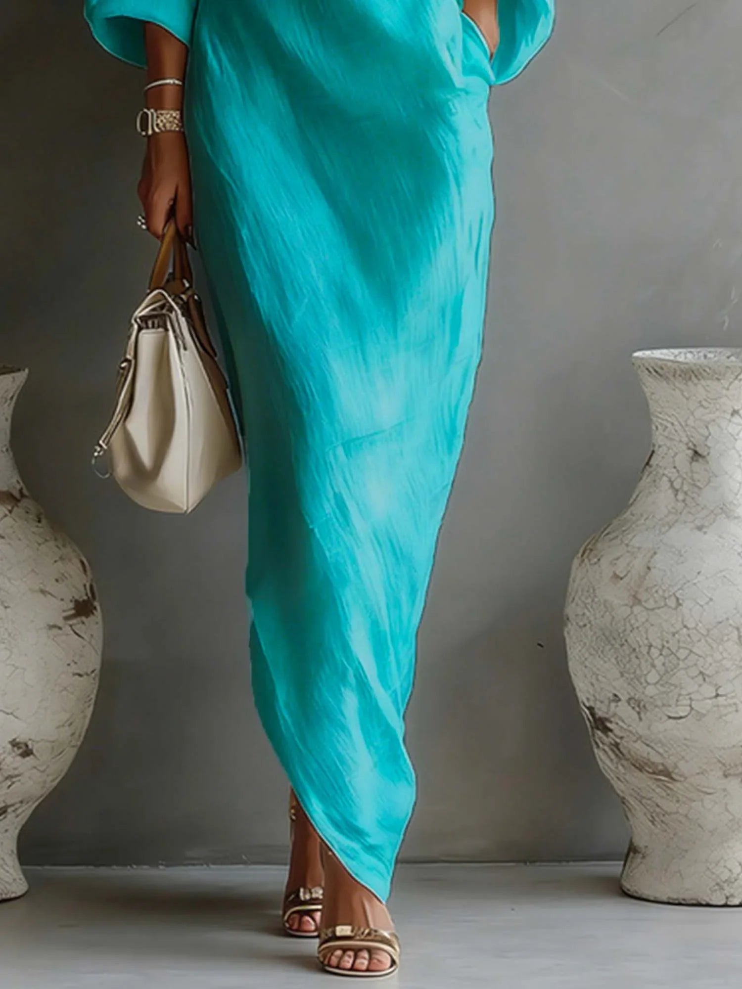 Abito Lungo Lino Cotone Maniche a Palloncino Silhouette Sgualcita Donna Formale Matrimonio Chic Spiaggia Resort Quotidiano Estate – Solène