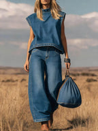 Twee-delig setje met mouwloze top met hoge kraag en wijde broek met hoge taille - Casual, dagelijks, streetwear zomer – Indigo