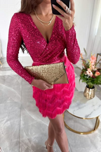 Robe courte à franges en sequins pour femmes à manches longues, décolleté en V, soirée, cocktail, réveillon du Nouvel An, gala d'anniversaire – Rose
