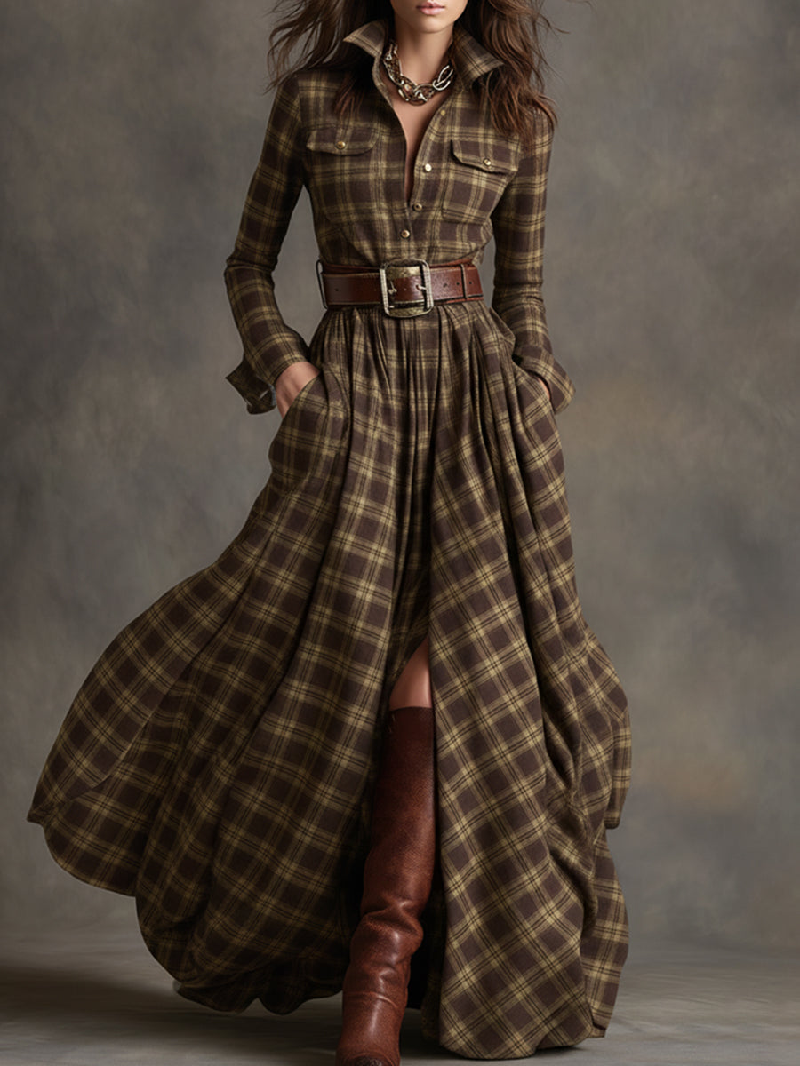 Robe longue décontractée à carreaux ethniques rétro pour femmes avec col, ceinture et manches longues – Marron rougeâtre