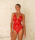 Maillot de Bain Une Pièce Floral Avec Découpes Et Ensemble Jupe Longue V-cou Pour Vacances à La Plage, Fête Au Bord De la Piscine, Été – Rouge