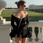 Robe Femme Mini Bodycon Plissée Décolleté V Asymétrique Boutons Manches Longues Ourlet Volants Soirée D'eté Cocktail Date Night Fête Club – Rosalie