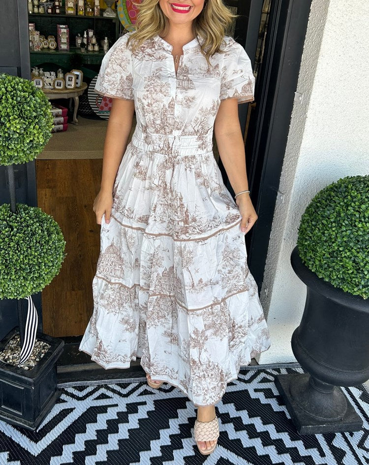 Robe Midi Toile Femme Taille Smockée Jupe Étagée Florale Printemps Jardin Fleurs Décontractée Été Élégante – Camille