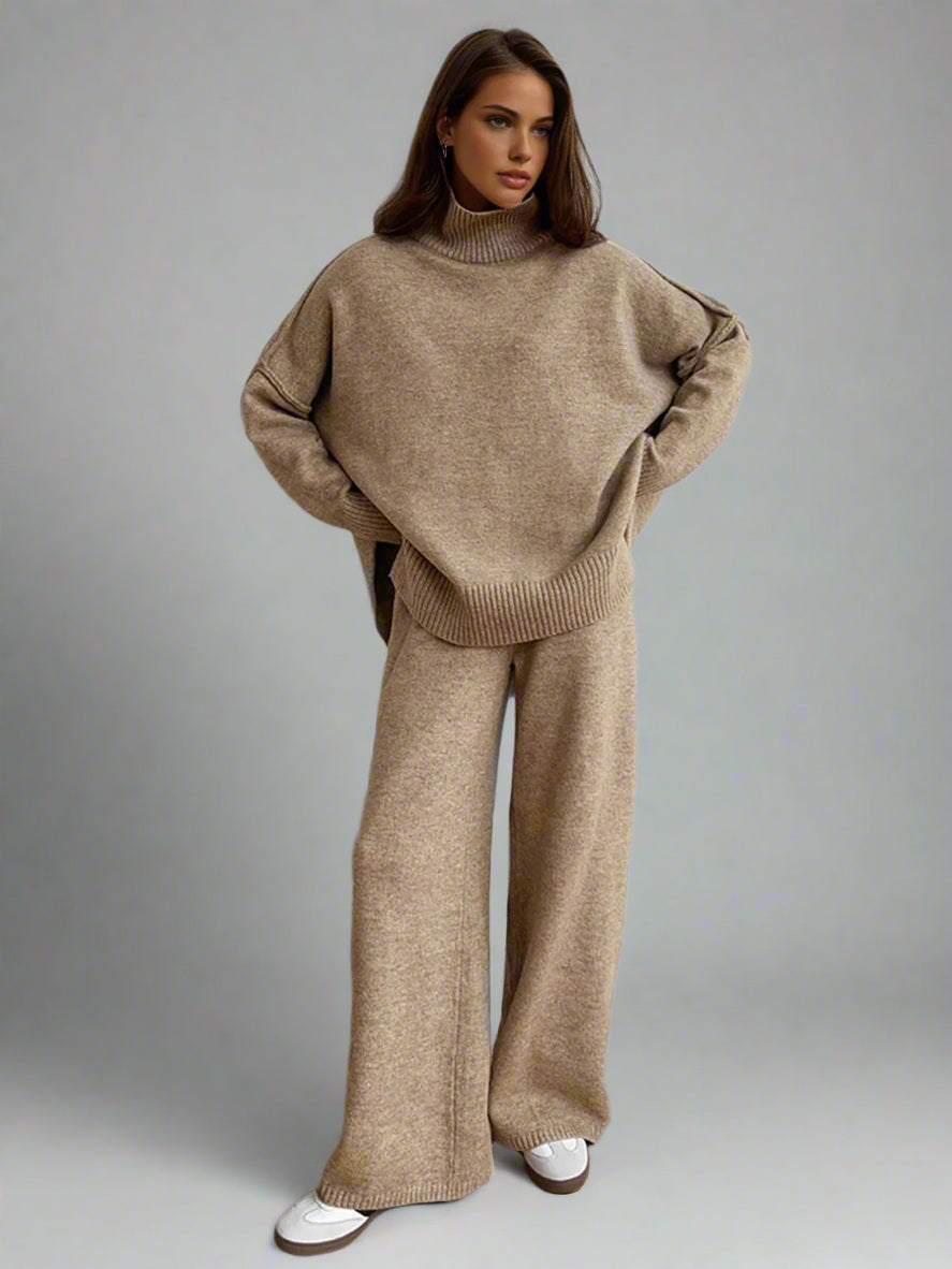 Ensemble de Lounge en Maille Douce avec Col Roulé pour Femmes, Pantalons Amples et Confortables, Casual d'Hiver pour le Quotidien