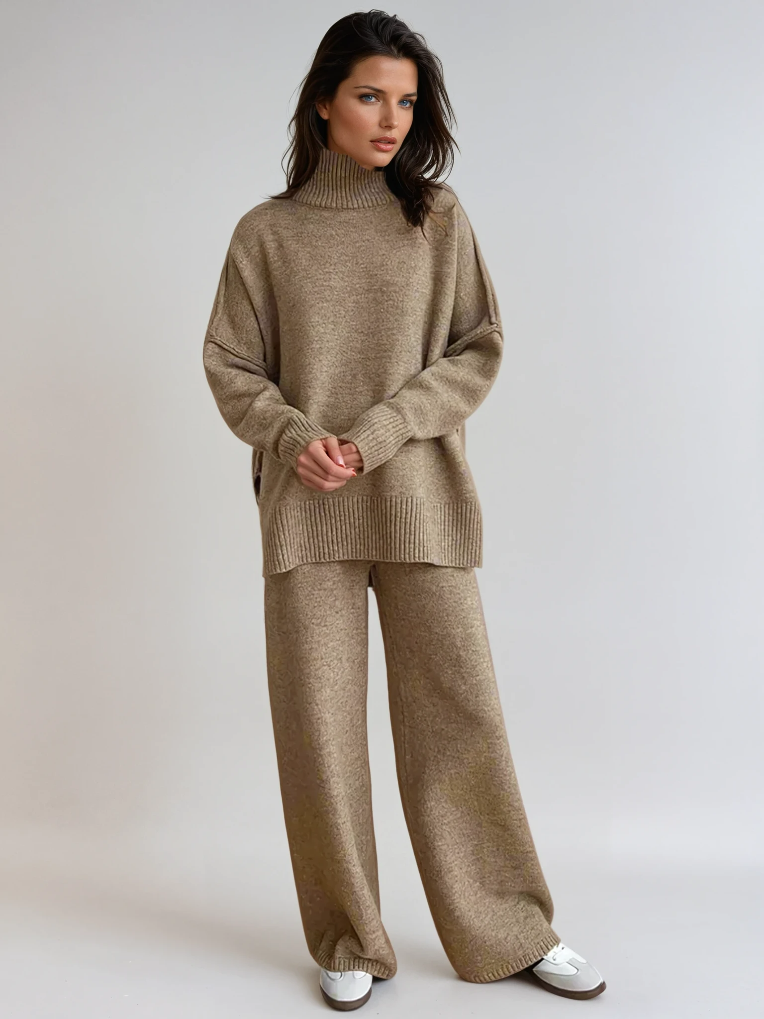 Ensemble de Lounge en Maille Douce avec Col Roulé pour Femmes, Pantalons Amples et Confortables, Casual d'Hiver pour le Quotidien