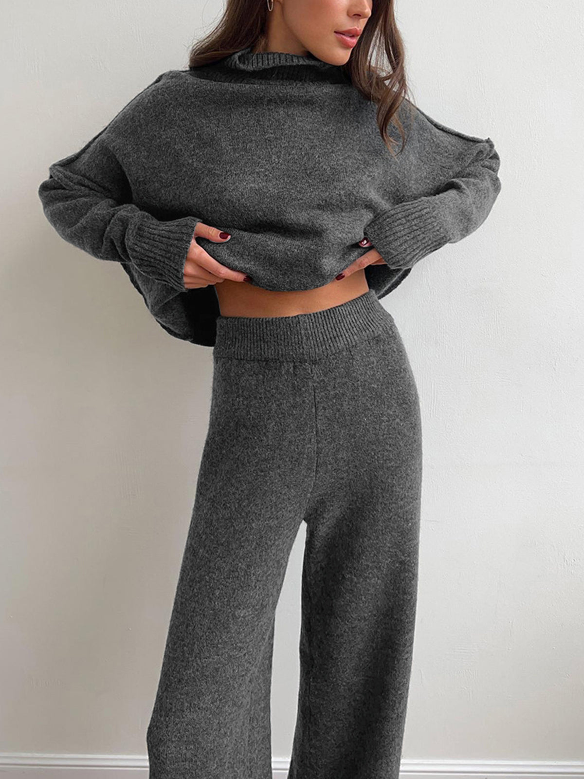 Ensemble de Lounge en Maille Douce avec Col Roulé pour Femmes, Pantalons Amples et Confortables, Casual d'Hiver pour le Quotidien